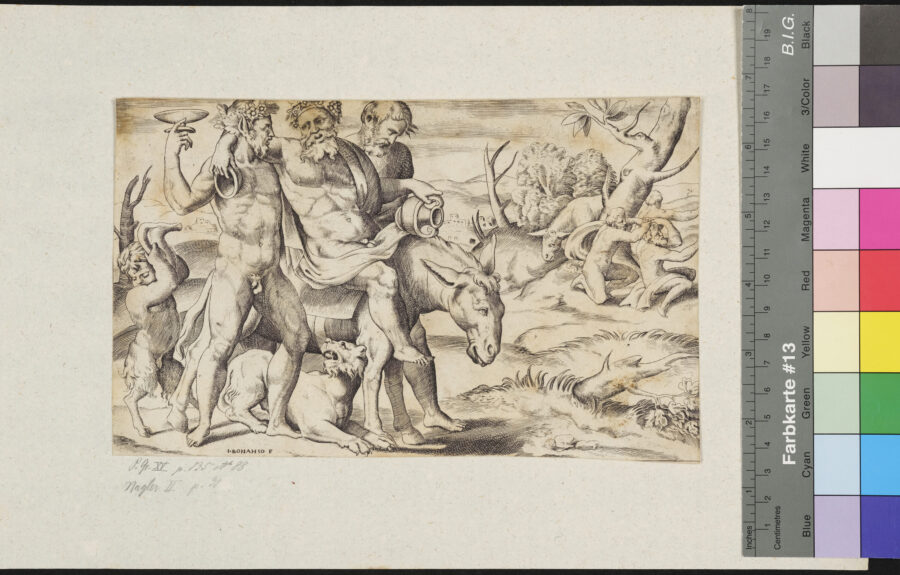 Bacchus auf einem Esel reitend von 2 Satyren geleitet