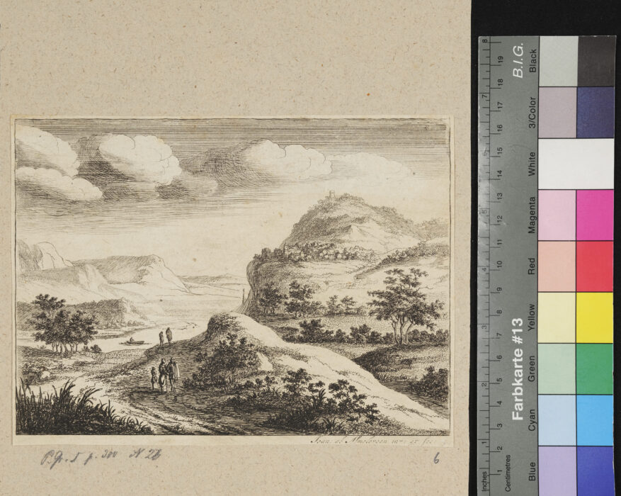 6 Blätter, Folge von Landschaften, Berglandschaft mit Fluss und Wanderern
