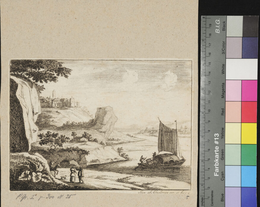 6 Blätter, Folge von Landschaften, Fluss mit Schiff  und Stadt