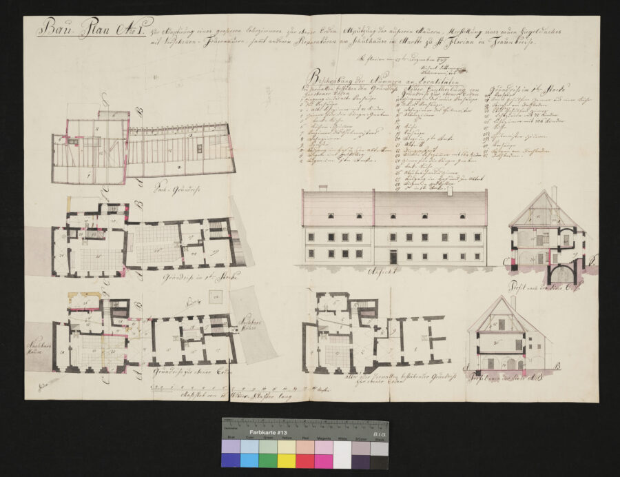 Plan für ein Schulzimmer, Ziegeldach, Feuermauer und Herabputzen (1) 1839