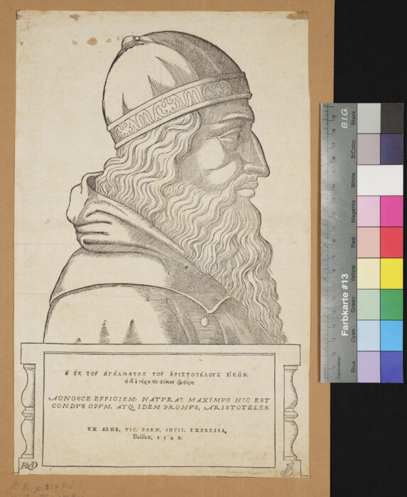 Büste des Aristoteles, mit lateinischer und griechischer Unterschrift, Monogramm