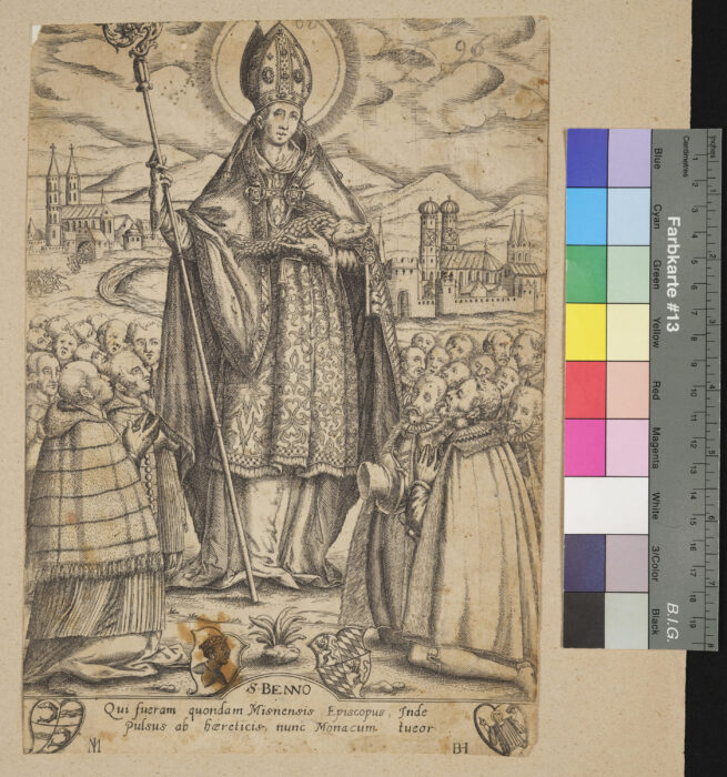 S. Benno, mit der Ansicht von München, Wappen von Freising / Freisinger Mohr