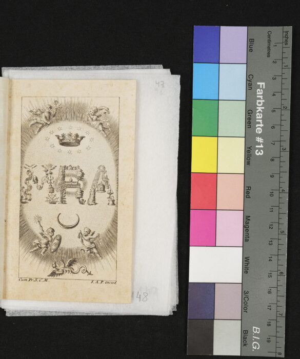 "21 Blätter, Vita B. Mariae Virg.", Marienleben, mit symbolischen Blüten umrahmt", Symbol "Maria"