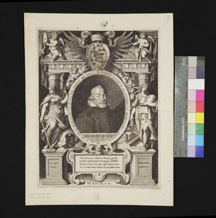 "8 Blätter aus der Folge: Imp. Caes. Ferdinand II. et Principium Caesaribus etc.", Lothar, Kurfürst von Trier, mit AnsichtSt. Paul vor den Mauern