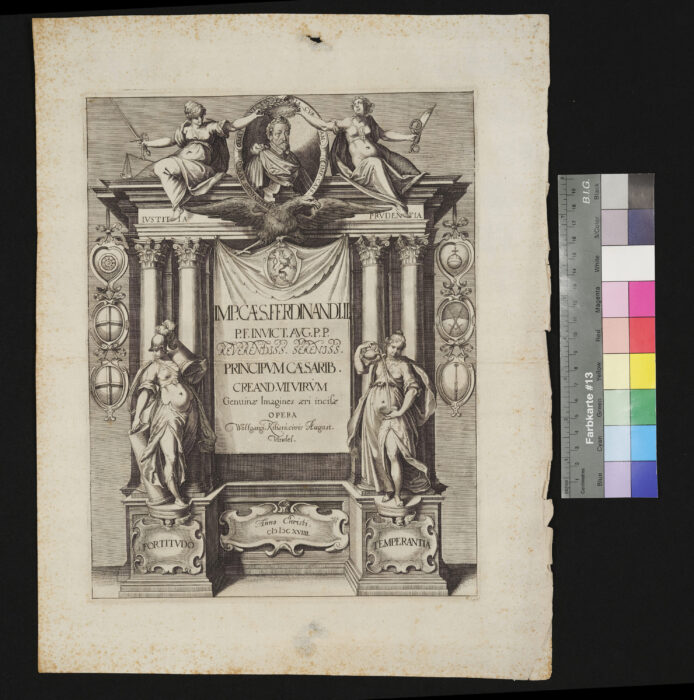 "8 Blätter aus der Folge: Imp. Caes. Ferdinand II. et Principium Caesaribus etc.", Titelkupfer mit kleinem Portrait FerdinandsII.