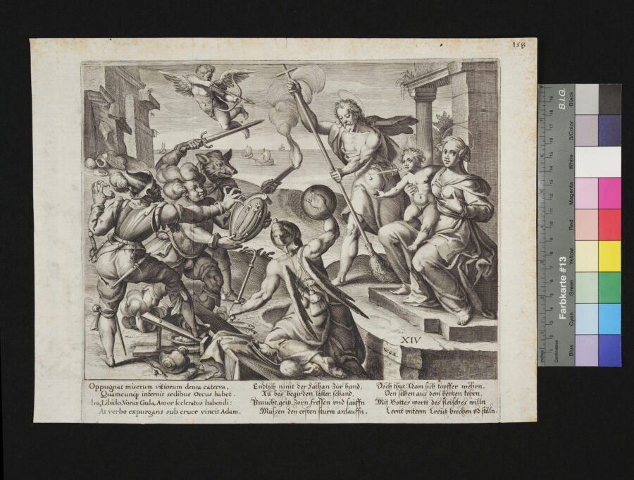 "Folge von 15 Blättern, Nimbus calamitatum humani generis lapsi", Nr.14, Die Vertreibung der Laster, Adam wehrt sich gegen die Laster