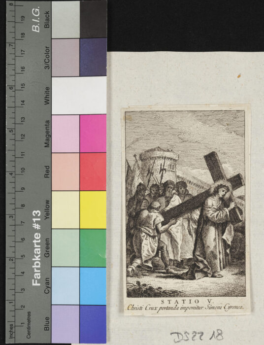 "Folge von 13 Blättern Kreuzwegstationen, Nr. 3 fehlt", Simon von Cyrene