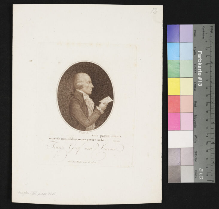 Franz, Graf von Saurau, in der Hand ein Schriftstück mit Datum : 4. April 1797
