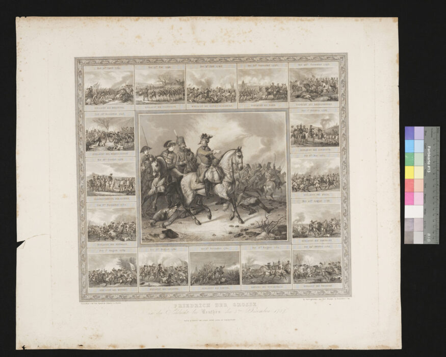 Friedrich der Große in der Schlacht bei Leuthen ( 05.12.1757 ), von 16 kleinen Schlachtbildern umgeben