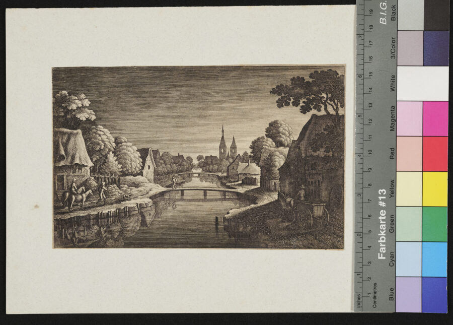 "4 Landschaften, darunter Schwallbach", Flusslandschaft in Dämmerung