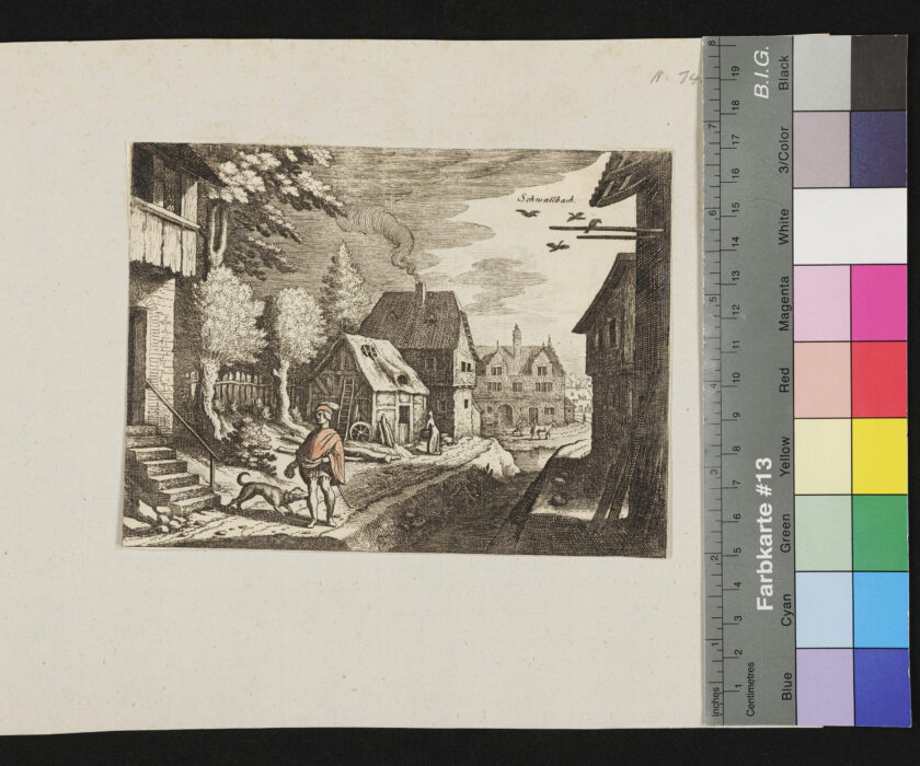"4 Landschaften, darunter Schwallbach", Schwallbach, Mann mit Hund, 