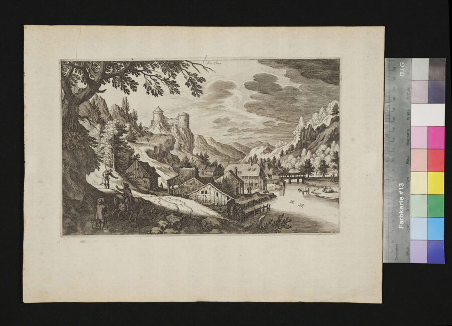 "2 Blätter Landschaften", Die Claus / Klause, Landschaft mit Burg, Mühle und Reitern