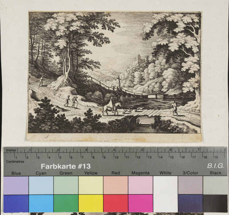 "12 Blätter Landschaften", Waldlandschaft mit Reiter und Hunden