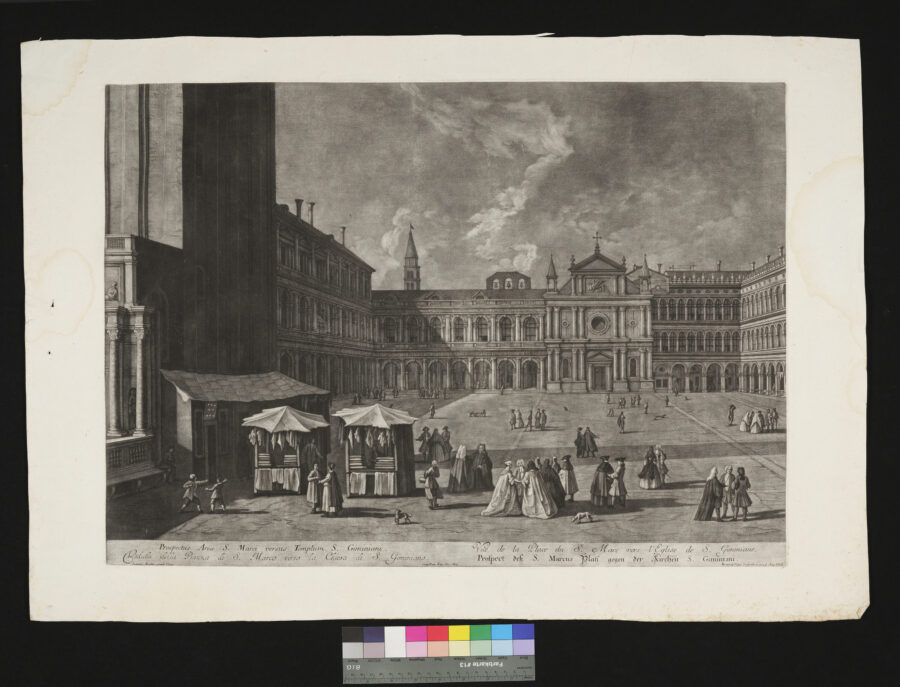 "Folge von 11 Blätter, Ansichten von Venedig, 10 davon," Marcusplatz gegen San Gimingnano