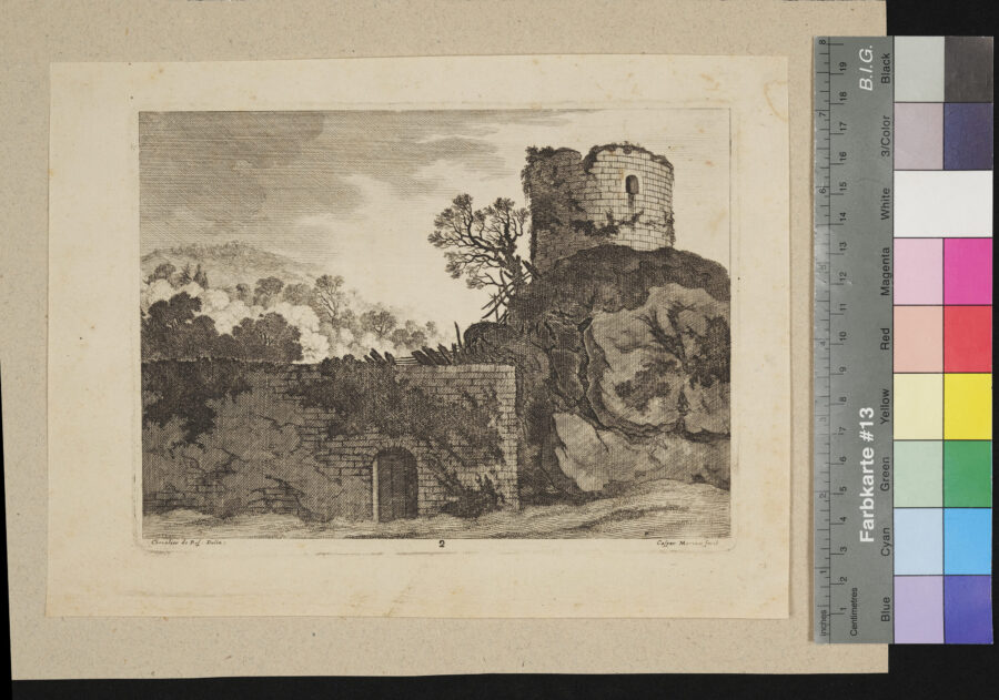 "6 Blätter aus der Folge von 18 Blättern, Landschaften", Nr. 2, Burgruine mit Bergfried