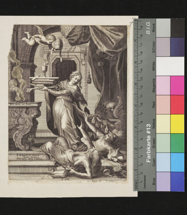 Allegorie, Sieg der Kiche über ihre Feinde, Titelblatt von Robert Königs Dissertation "Principia Iuris Canonici", Benedictiner in Garsten