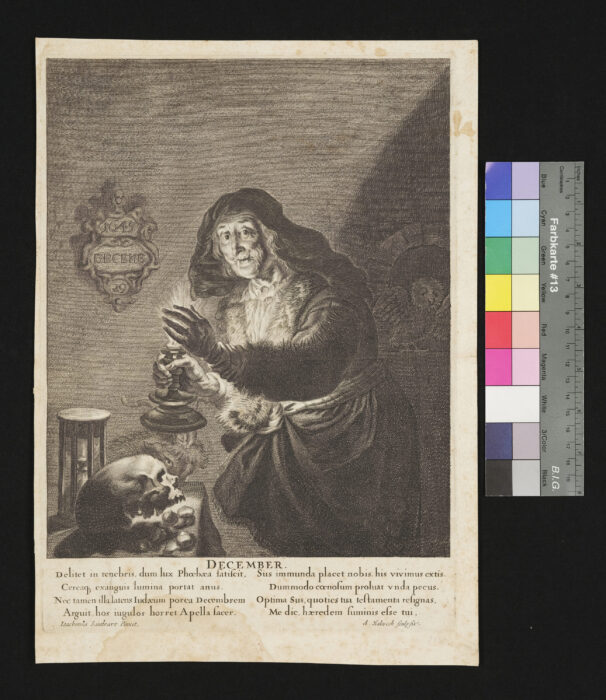 "12 Blätter aus einer Folge von Monaten", mit lateinischen Versen von C. Barleus / Caspar von Baerle, mit Sternzeichen, , Dezember