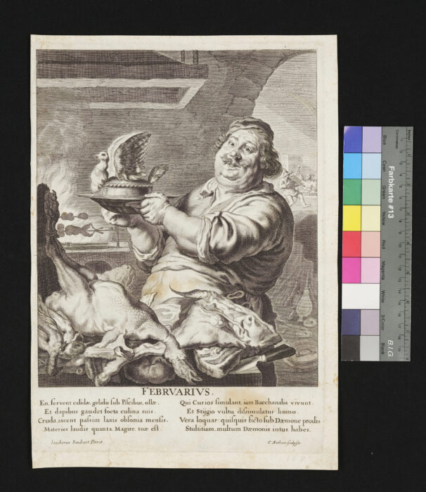 "12 Blätter aus einer Folge von Monaten", mit lateinischen Versen von C. Barleus / Caspar von Baerle, mit Sternzeichen, , Februar