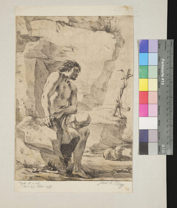 Johannes der Täufer, an einem Felsen sitzend, vor ihm Kreuz und Lamm
