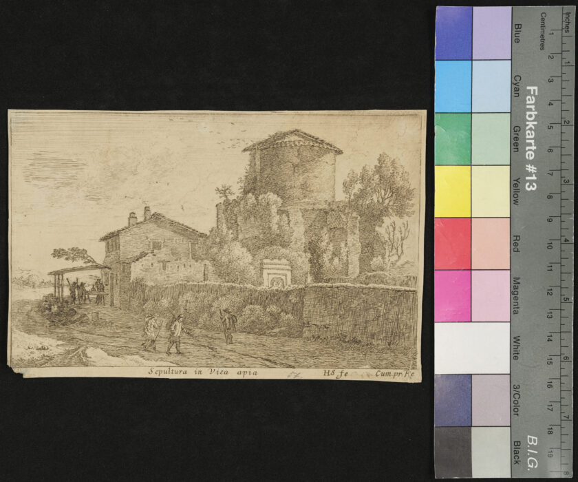 "Folge von 13 Blättern: Ansichten von Gegenden in und bei Rom", Turm, Stadtmauer, Via Appia
