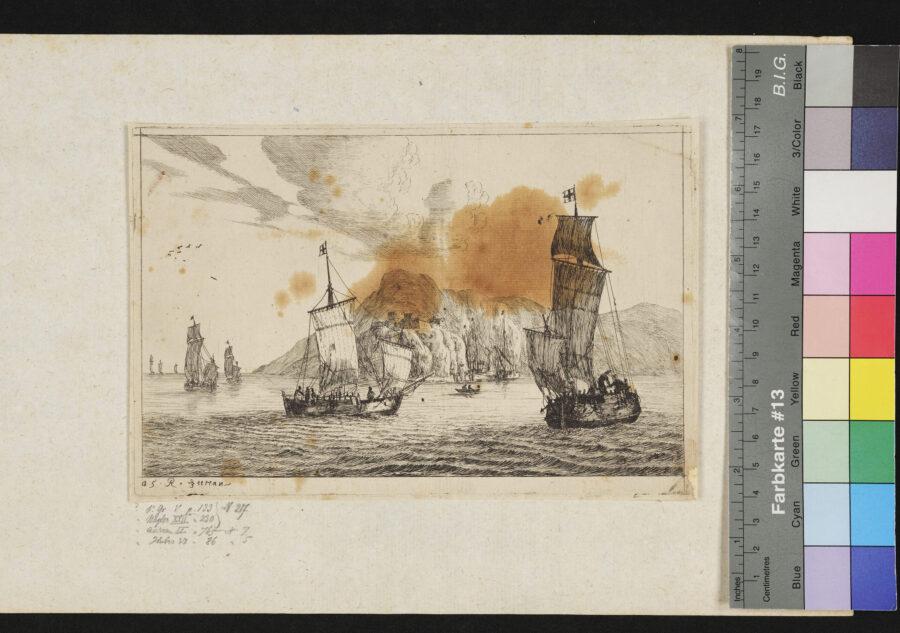 "Aus einer Folge von Marinen", Fischerboote vor Steilküste, Englische Flagge ?