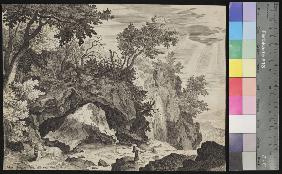 "Folge von 6 Blättern, Landschaftsdarstellungen", Felsen, 2 Eremiten