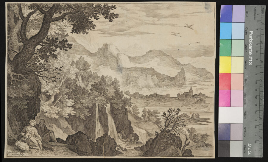 "Folge von 6 Blättern, Landschaftsdarstellungen", Gebirge, Fluss, Rastende Familie
