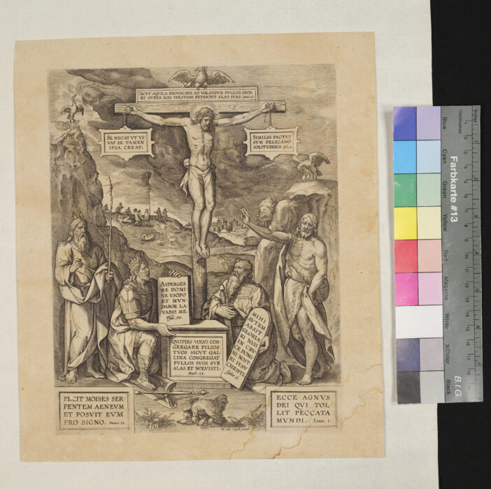 Christus am Kreuz, mit Moses, David, Johannes dem Täufer und Paulus