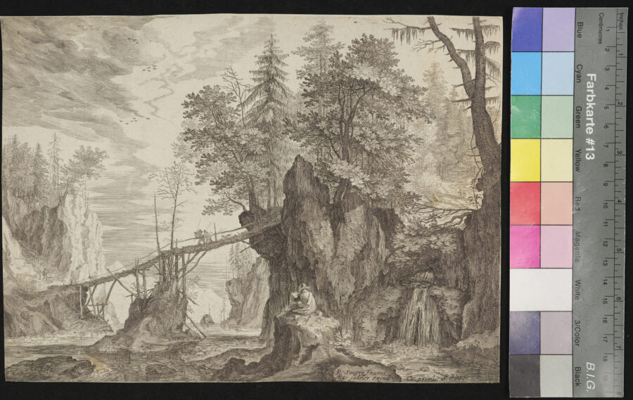 "Folge von 5 Landschaften aus Tirol", Brücke, Fluss, Felsen