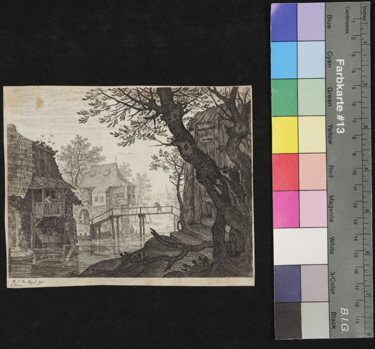 "Folge von 6 Blättern bergige Landschaften", Brücke, Fluss, Häuser