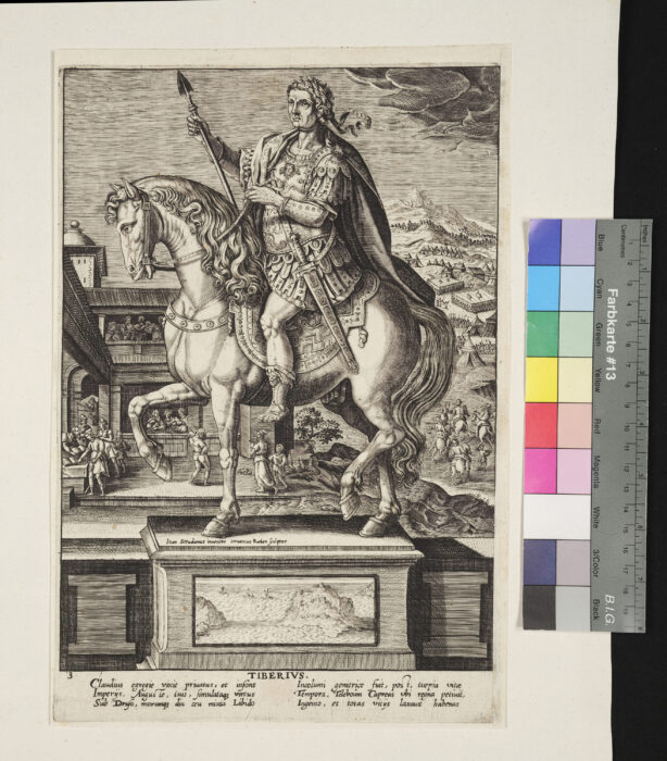 "12 Blätter, Folge der römischen Kaiser als Reiterstatuen", Tiberius