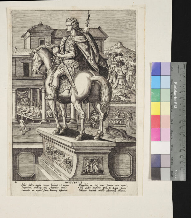"12 Blätter, Folge der römischen Kaiser als Reiterstatuen", Augustus