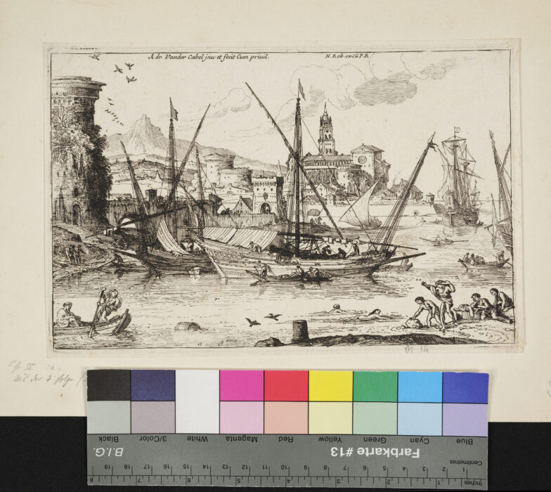 Nr. 14 aus der 3. Folge von 6 Landschaften, ursprünglich Nr. 2, Seestück mit Hafen