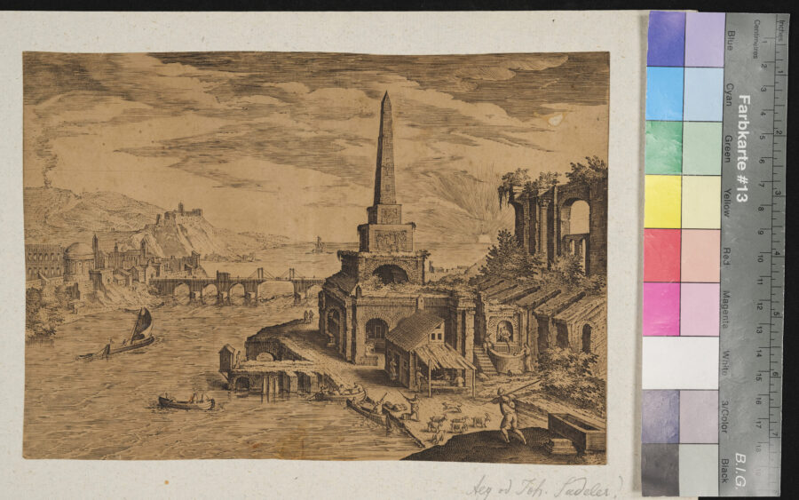 "5 Blätter, Diverse Landschaften", Fluss, Brücke, Ruine, Obelisk