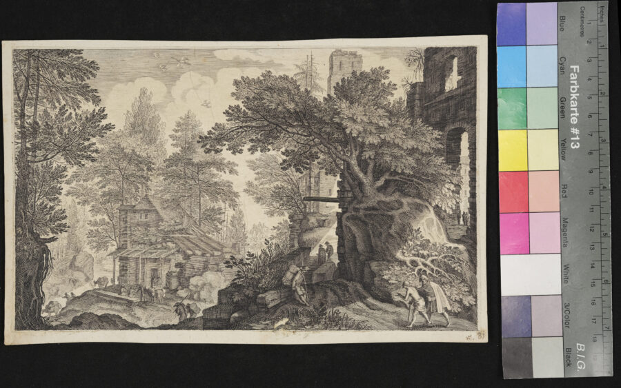 "5 Blätter, Diverse Landschaften", Gebirgslandschaft, Holzhaus und Ruine