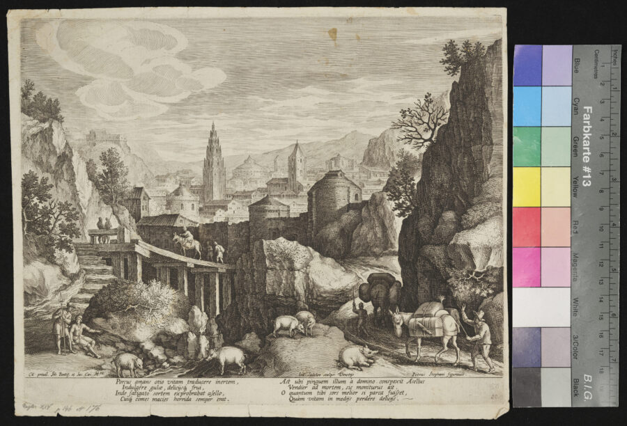 Landschaft mit einer Stadt im Gebirge unfd einer Brücke