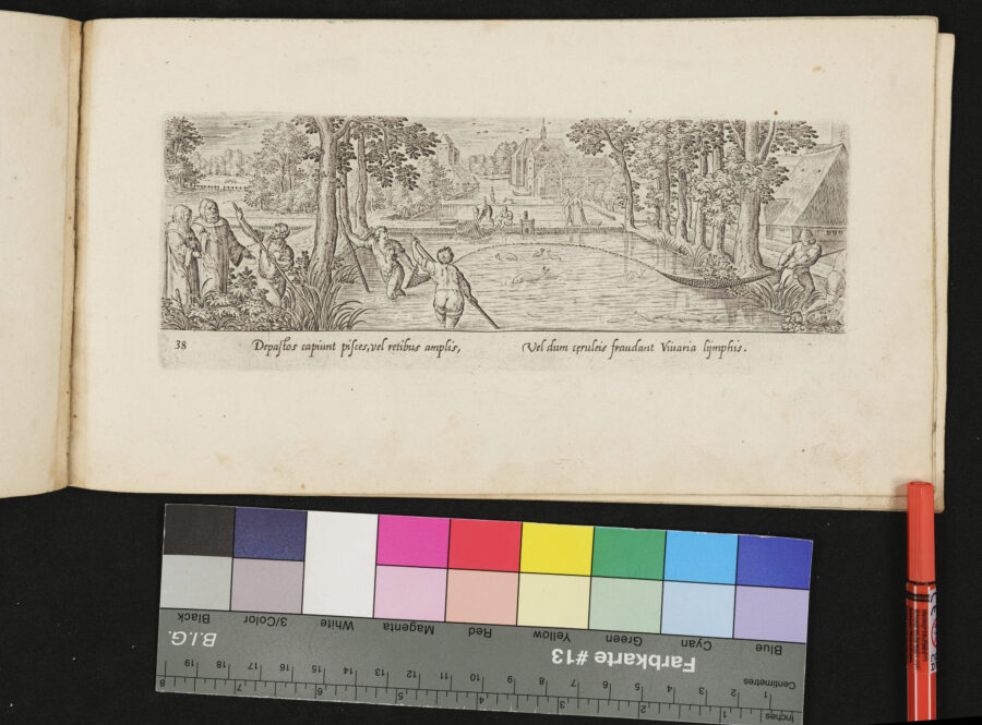 "Venationis, Piscationis etc.", Fischernte in künstlichen Teichen, im Hintergrund Kloster