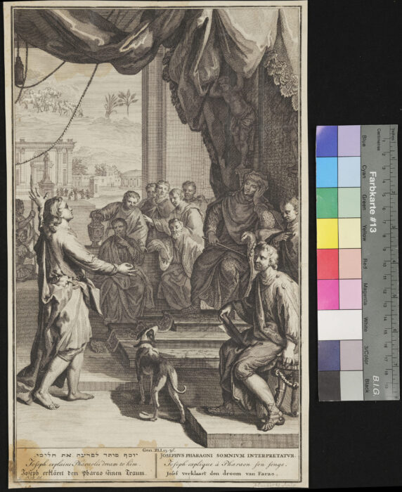 Josef deutet den Traum Pharaos, Gen 41,15-36, Unterschriften in 6 Sprachen, Hebräisch