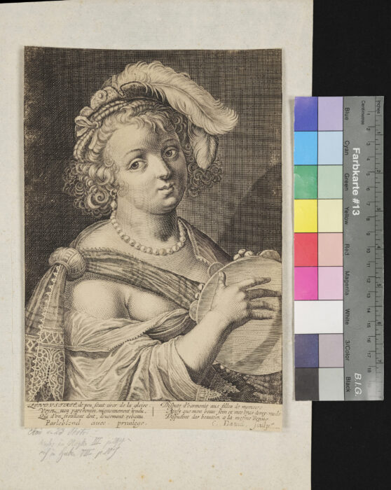"Aus einer Serie von 23 Portraits", Frauenportrait mit Tambourin und Federhut