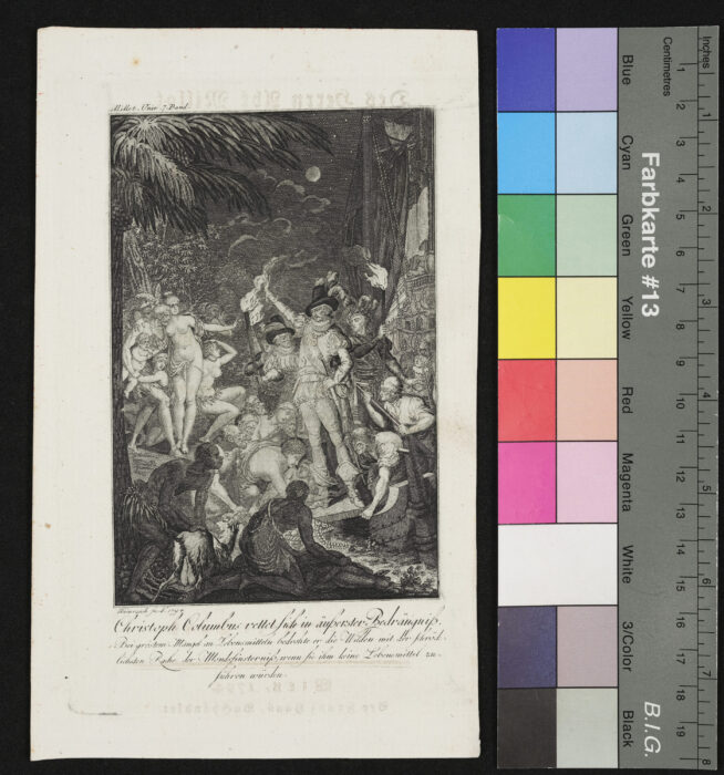 "Folge von 15 Illustrationen zu Millots Weltgeschichte", Christoph Columbus rettet sich aus äußerster Bedrängnis