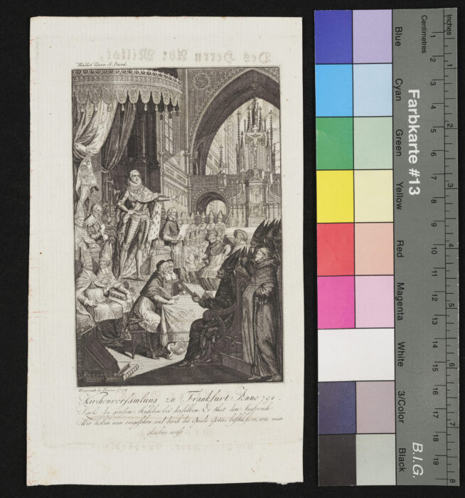 "Folge von 15 Illustrationen zu Millots Weltgeschichte", Kirchenversammlung zu Frankfurt anno 794