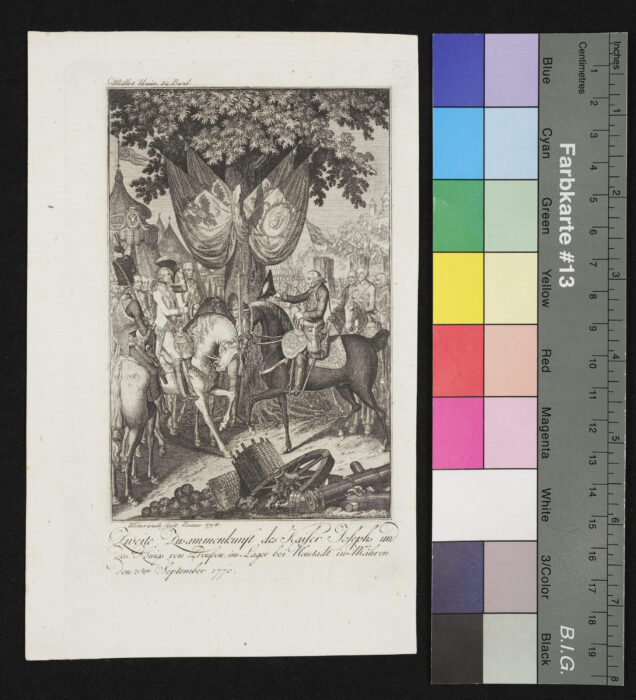 "Folge von 15 Illustrationen zu Millots Weltgeschichte", Friedrich von Preussen und Joseph II., Treffen bei Neustadt / Mähren, 1770