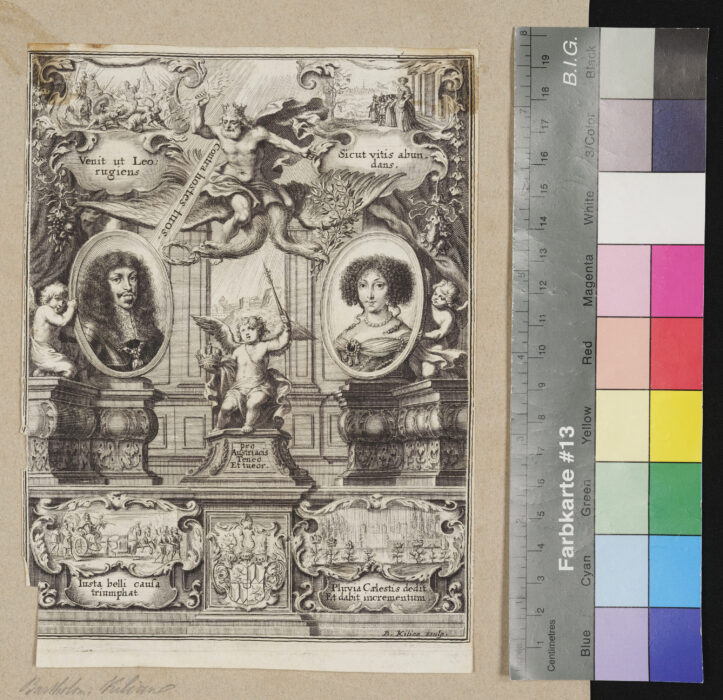 Kaiser Leopold I. und dessen Gemahlin, Medaillons von Emblemen umgeben