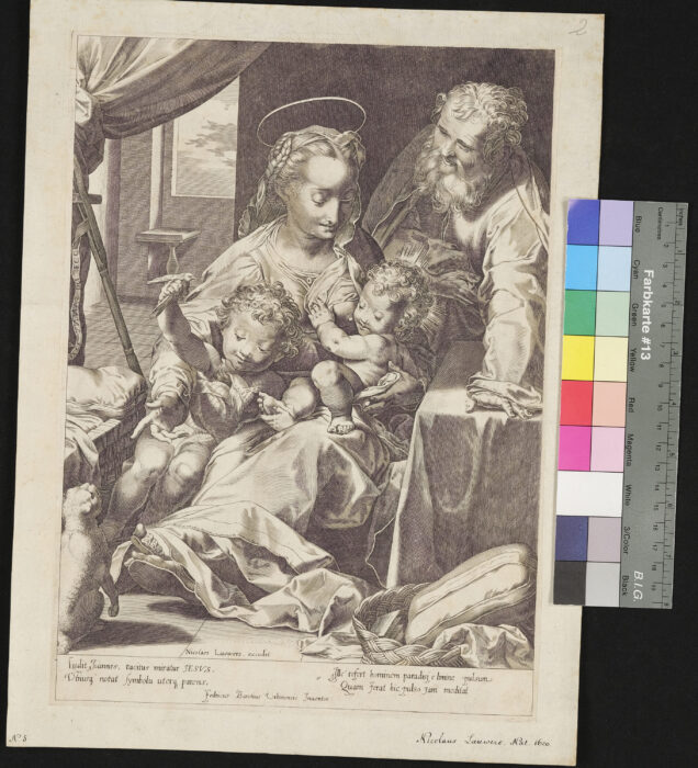 Die heilige Familie im Zimmer, Johannes mit dem Vogel und der Katze