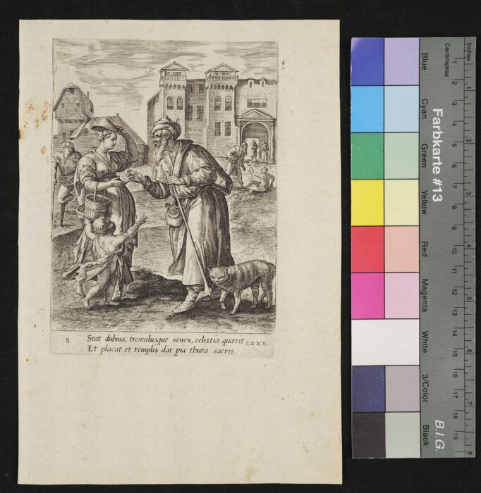 "Speculum Vitae", Mann mit Stock, Frau mit Kind am Marktplatz