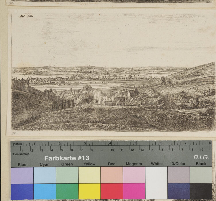 "Folge von 6 Landschaften", Blick vom Hügel ins Flache, Häuser