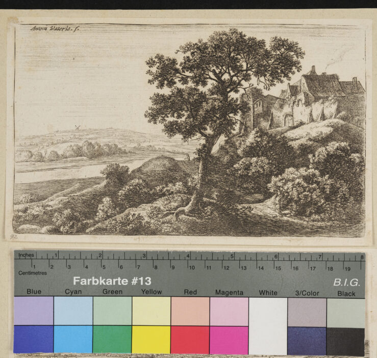 "Folge von 6 Landschaften", Hügel, Gebäude, Bäume
