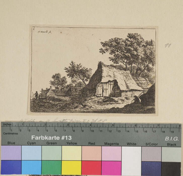 Landschaft, Hütte und sitzende Person