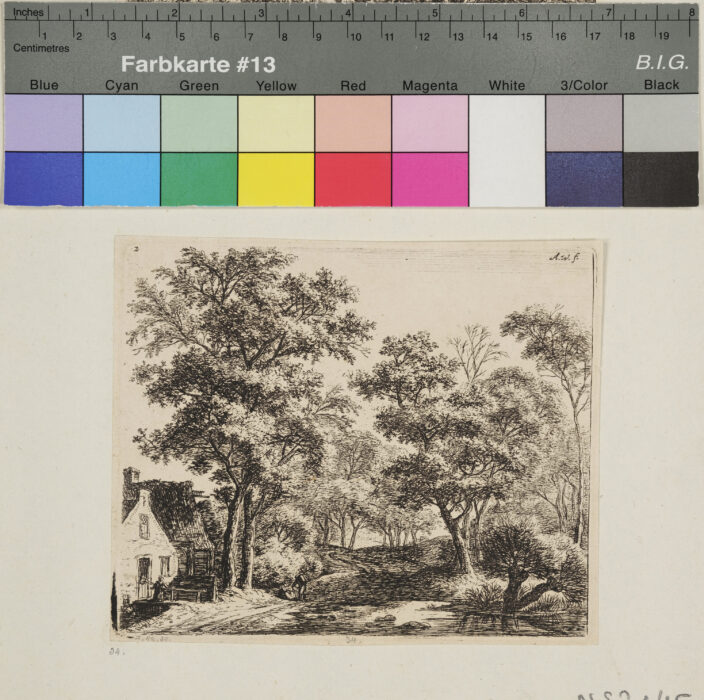 "Aus einer Folge von 6 Landschaften", Teich, Aulandschaft, Gebäude, Nr. 2