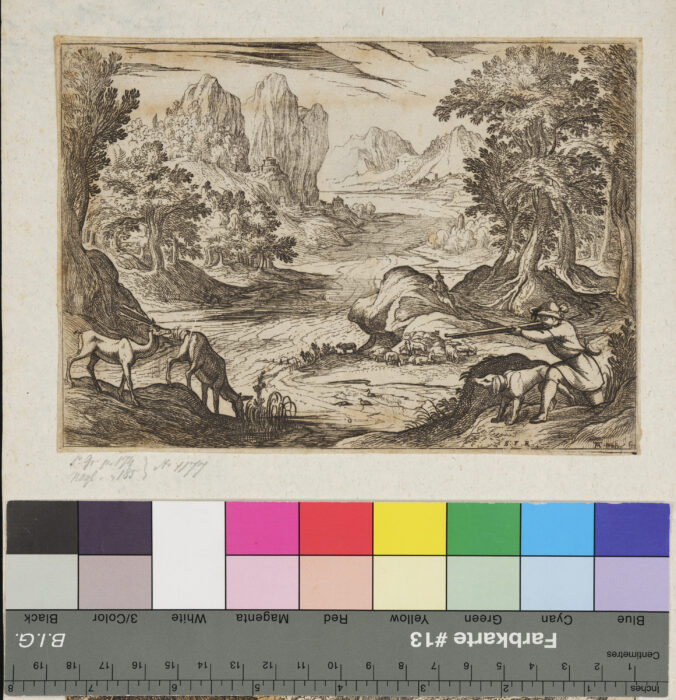 Der Hirsch und die Hindin / Hündin am Fluss